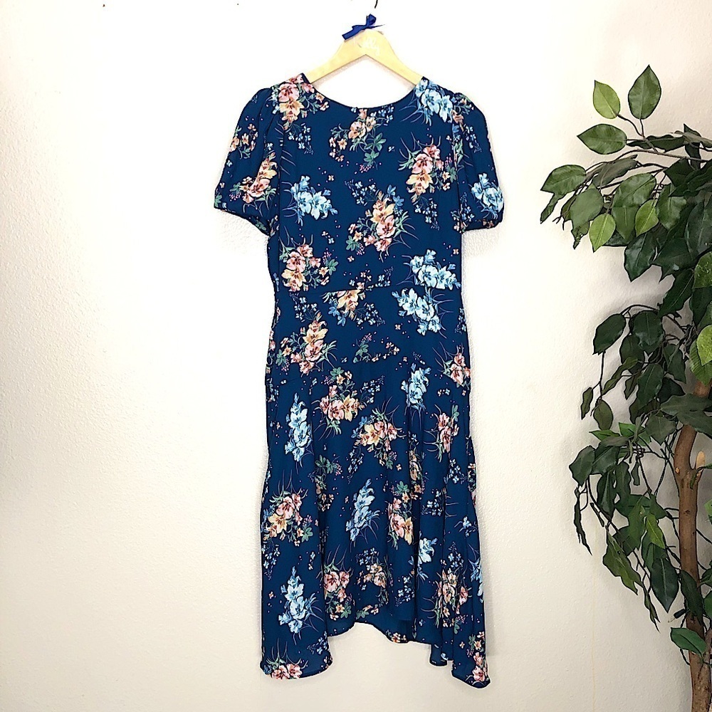 Loft Blue Floral Dress W Puffy Sleeves